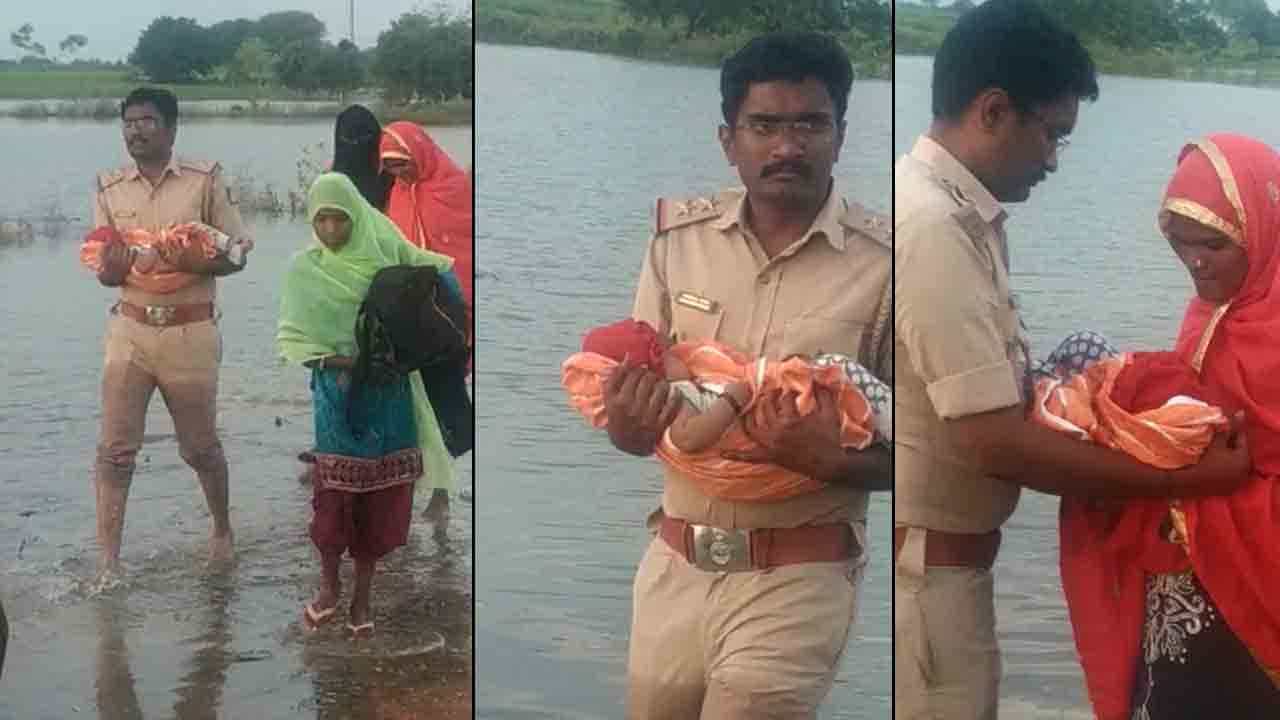 ನೆರೆ ಹಾವಳಿ: 3 ತಿಂಗಳ ಹಸುಗೂಸನ್ನು ರಕ್ಷಿಸಿದ PSI ಸಂಗಮೇಶ