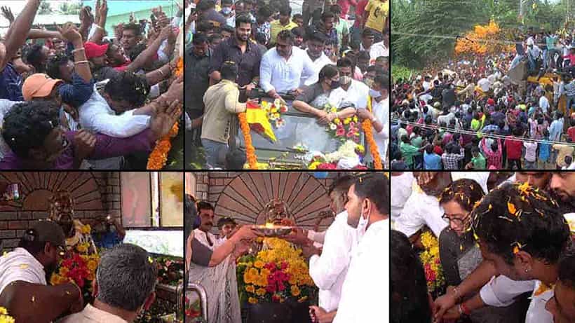 ಅಂಬಿ ದೇಗುಲ ಲೋಕಾರ್ಪಣೆ: ಕಂಚಿನ ಪುತ್ಥಳಿಗೆ ಸುಮಲತಾ, ದರ್ಶನ್, ಅಭಿ ಪುಷ್ಪಾರ್ಚನೆ
