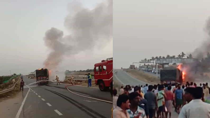ಬೈಕ್​ಗೆ ಲಾರಿ ಡಿಕ್ಕಿ: ಅಪಘಾತದ ರಭಸಕ್ಕೆ ರಸ್ತೆಯ ಮಧ್ಯದಲ್ಲಿಯೇ ಹೊತ್ತಿ ಉರಿದ ಲಾರಿ