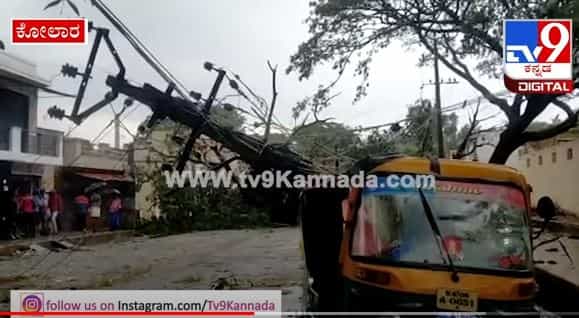 ಗಾಳಿ ಸಹಿತ ಮಳೆಗೆ ಧರೆಗುರುಳಿದ ಮರಗಳು, ವಿದ್ಯುತ್ ಕಂಬ | ಕೋಲಾರ ಜಿಲ್ಲೆಯಲ್ಲಿ ಬಿರುಗಾಳಿ ಸಹಿತ ಮಳೆ