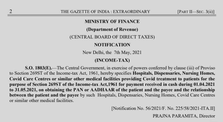 Income tax provisions relaxed Allows Hospitals providing Covid treatment to patients to receive cash payments of Rs 2 lakh or more