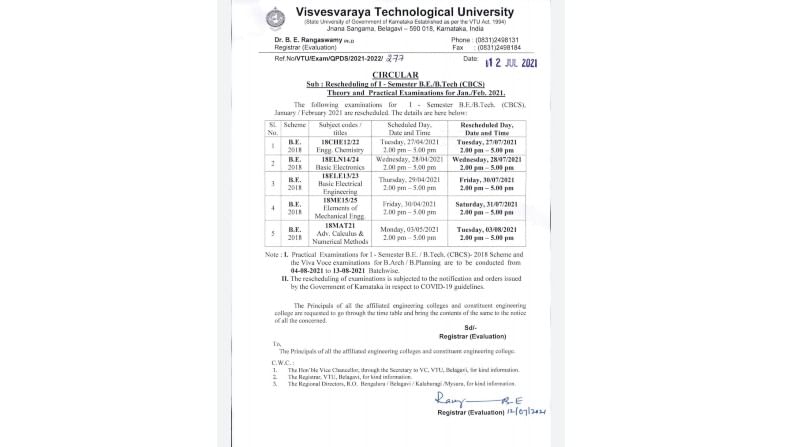 VTU Exams Timetable