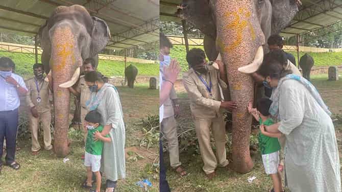 ದಸರಾ ಆನೆಗಳ ಯೋಗಕ್ಷೇಮ ವಿಚಾರಿಸಿ ಮೊಮ್ಮಗನ ಜೊತೆ ಫೋಟೋಗೆ ಪೋಸ್ ಕೊಟ್ಟ ಪ್ರಮೋದಾದೇವಿ ಒಡೆಯರ್‌