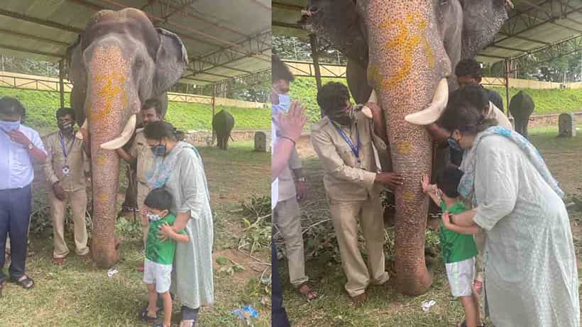 ದಸರಾ ಆನೆಗಳ ಯೋಗಕ್ಷೇಮ ವಿಚಾರಿಸಿ ಮೊಮ್ಮಗನ ಜೊತೆ ಫೋಟೋಗೆ ಪೋಸ್ ಕೊಟ್ಟ ಪ್ರಮೋದಾದೇವಿ ಒಡೆಯರ್