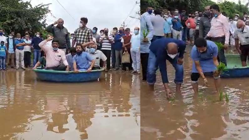 ಕೆರೆಯಂತಾದ ಅಂಜನಾಪುರ ಮುಖ್ಯರಸ್ತೆಯಲ್ಲಿ ತೆಪ್ಪ ಬಿಟ್ಟು ಪ್ರತಿಭಟನೆ! ಕೆಸರು ಗದ್ದೆಯಲ್ಲಿ ನಾಟಿ ಮಾಡುತ್ತಿರುವ ಸ್ಥಳೀಯರು ಕೆರೆಯಂತಾದ ಅಂಜನಾಪುರ ಮುಖ್ಯರಸ್ತೆಯಲ್ಲಿ ತೆಪ್ಪ ಬಿಟ್ಟು ಪ್ರತಿಭಟನೆ! ಕೆಸರು ಗದ್ದೆಯಲ್ಲಿ ನಾಟಿ ಮಾಡುತ್ತಿರುವ ಸ್ಥಳೀಯರು
