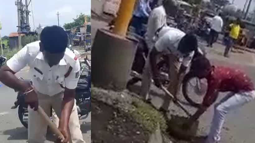 ಮಣ್ಣು ತುಂಬಿ ರಸ್ತೆಯಲ್ಲಿದ್ದ ಗುಂಡಿ ಮುಚ್ಚಿದ ಕಾನ್ಸ್ಟೇಬಲ್; ಸಂಚಾರಿ ಠಾಣೆ ಪಿಸಿ ಚಂದ್ರಕಾಂತ್ ಕೆಲಸಕ್ಕೆ ಸಾರ್ವಜನಿಕರ ಮೆಚ್ಚುಗೆ