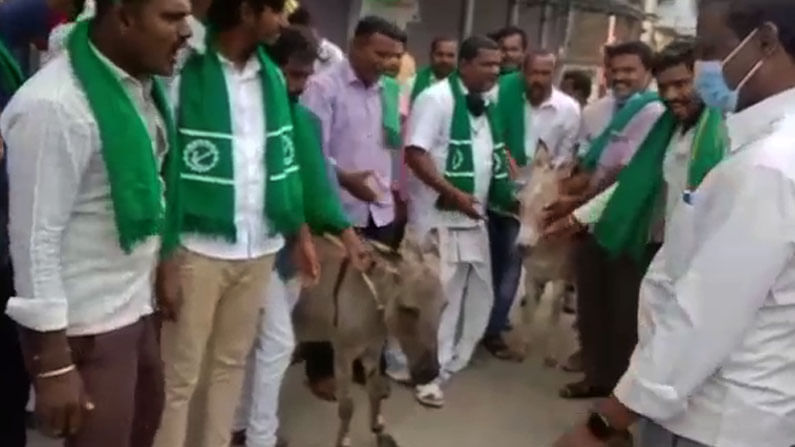 ಕೋಲಾರದಲ್ಲಿ ಕತ್ತೆಗಳನ್ನು ಹಿಡಿದು ರೈತರು ಪ್ರತಿಭಟನೆ ನಡೆಸಿದ್ದಾರೆ.