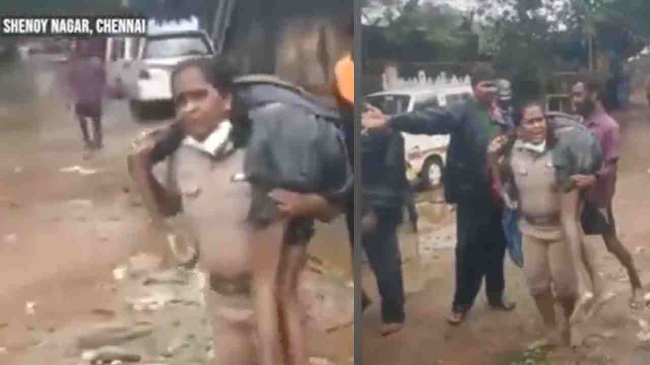 Video: ಸ್ಮಶಾನದಲ್ಲಿ ಎಚ್ಚರವಿಲ್ಲದೆ ಬಿದ್ದಿದ್ದವನ ಹೆಗಲ ಮೇಲೆ ಹೊತ್ತು ನಡೆದ ಮಹಿಳಾ ಪೊಲೀಸ್ ಅಧಿಕಾರಿ; ಚೆನ್ನೈ ಮಳೆ ಮಧ್ಯೆ ಮನಕಲಕುವ ದೃಶ್ಯ