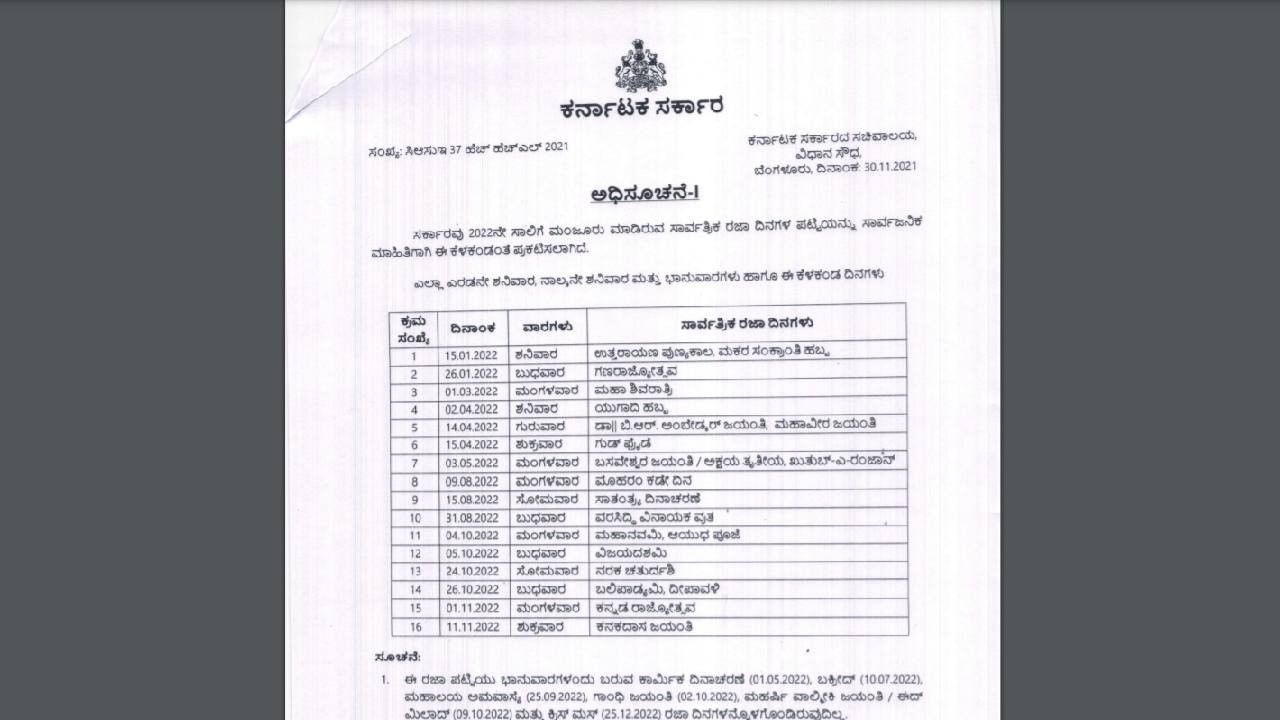Karnataka Government Holiday List 2022 ಕರ್ನಾಟಕ ಸರ್ಕಾರದ 2022ನೇ ಸಾಲಿನ