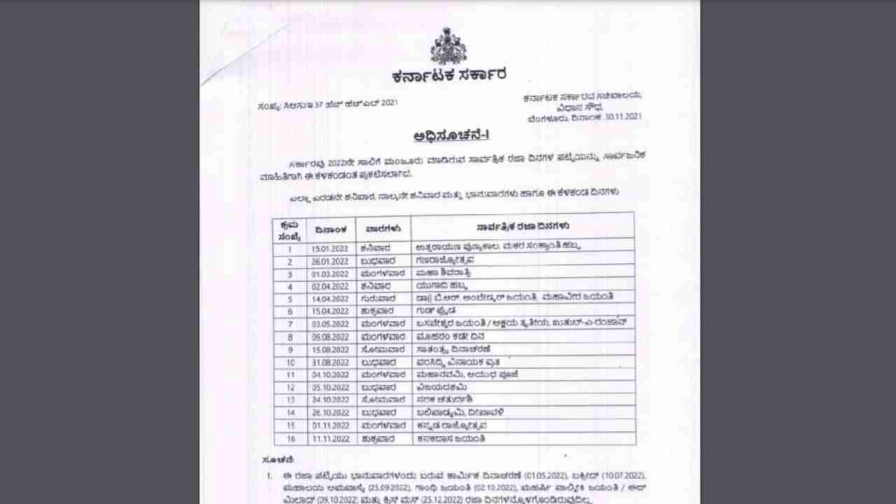 Karnataka Government Holiday List 2022: ಕರ್ನಾಟಕ ಸರ್ಕಾರದ 2022ನೇ ಸಾಲಿನ ರಜಾ ದಿನಗಳ ಪಟ್ಟಿ ಹೀಗಿದೆ