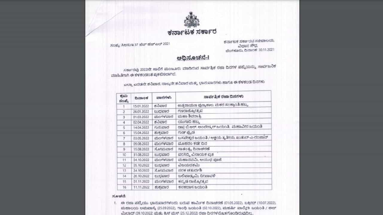 Karnataka Government Holiday List 2022: ಕರ್ನಾಟಕ ಸರ್ಕಾರದ 2022ನೇ ಸಾಲಿನ ರಜಾ ದಿನಗಳ ಪಟ್ಟಿ ಹೀಗಿದೆ