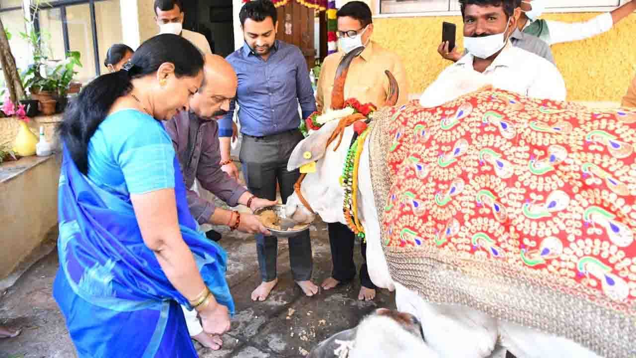 ಗೋ ಮಾತೆಗೆ ಪೂಜೆ ಸಲ್ಲಿಸಿ ಅದಕ್ಕೆ ಬೆಲ್ಲ ತಿನ್ನಿಸುತ್ತಿರುವ ಸಿಎಂ ಬೊಮ್ಮಾಯಿ, ಚಿತ್ರದಲ್ಲಿ ಸಿಎಂ ಬೊಮ್ಮಾಯಿ ಅವರ ಪತ್ನಿ ಹಾಗೂ ಕುಟುಂಬಸ್ಥರಿದ್ದಾರೆ.