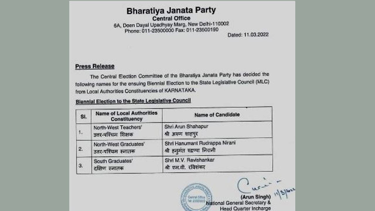 Biennial Election to Karnataka State Legislative Council BJP announces three candidate name