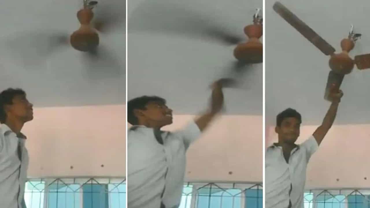 Viral: ವೇಗವಾಗಿ ತಿರುಗುತ್ತಿದ್ದ ಫ್ಯಾನನ್ನು ಬರಿಗೈಲಿ ನಿಲ್ಲಿಸಿದ ಯುವಕ; ವಿಡಿಯೋ ನೋಡಿ ಹುಬ್ಬೇರಿಸಿದ ನೆಟ್ಟಿಗರು Viral: ವೇಗವಾಗಿ ತಿರುಗುತ್ತಿದ್ದ ಫ್ಯಾನನ್ನು ಬರಿಗೈಲಿ ನಿಲ್ಲಿಸಿದ ಯುವಕ; ವಿಡಿಯೋ ನೋಡಿ ಹುಬ್ಬೇರಿಸಿದ ನೆಟ್ಟಿಗರು