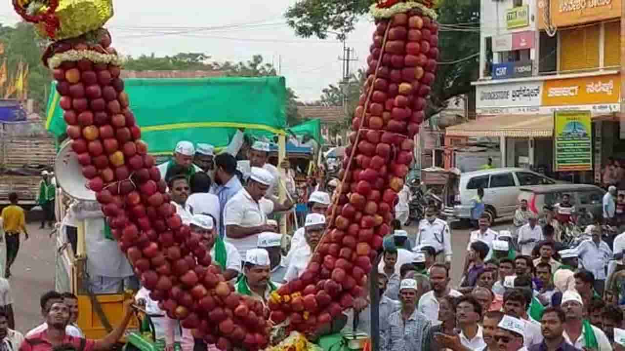 ಬಾಗಲಕೋಟೆಯಲ್ಲಿ 1 ಲಕ್ಷ 50 ಸಾವಿರ ರೂ ಮೌಲ್ಯದ 800 ಕೆಜಿ ತೂಕದ ಬೃಹತ್ ಸೇಬು ಹಾರಹಾಕಿ ಸಚಿವ S.R.ಪಾಟೀಲ್​ಗೆ ಸ್ವಾಗತ