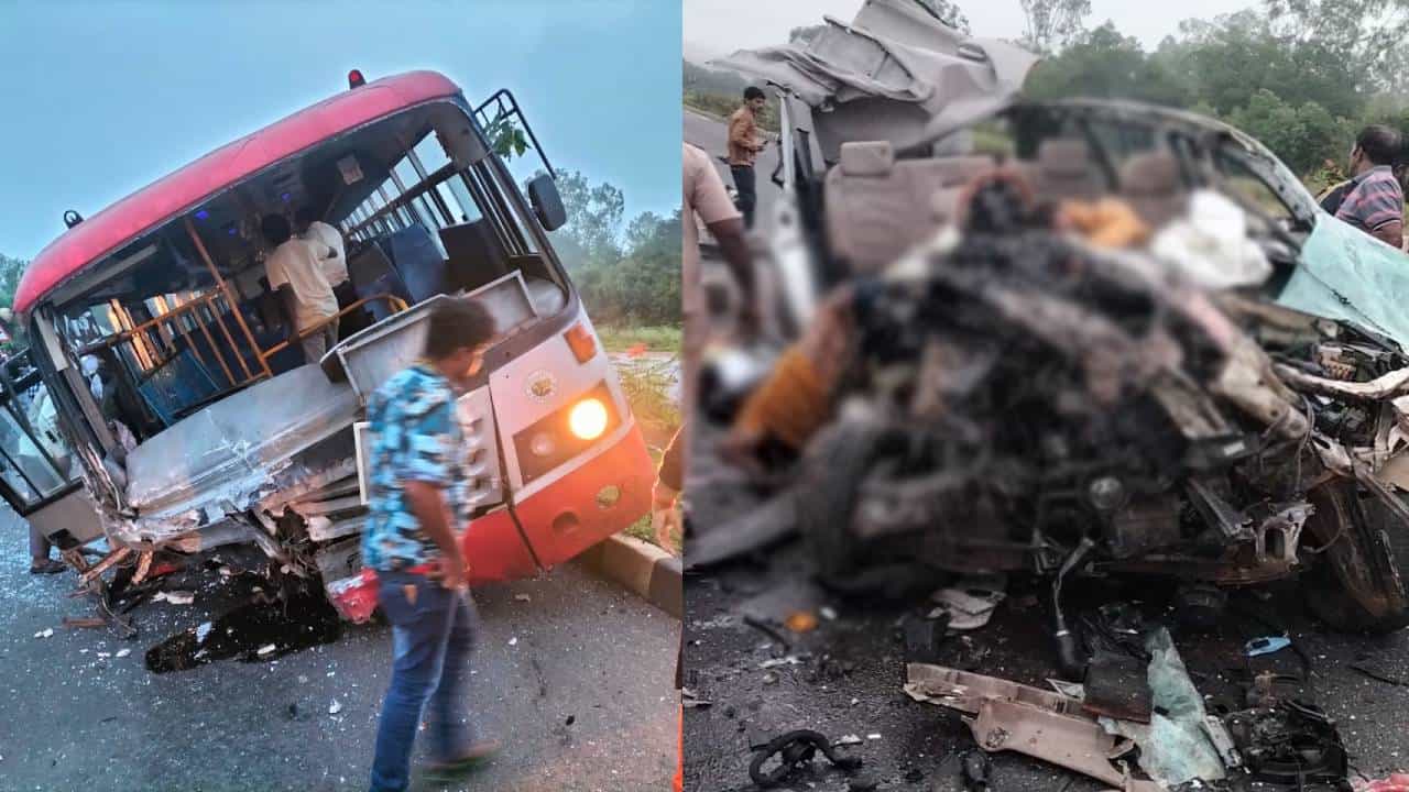 ಕಾರಿಗೆ ಕೆಎಸ್ಆರ್ಟಿಸಿ ಬಸ್ ಡಿಕ್ಕಿ: ಇಬ್ಬರು ಸ್ಥಳದಲ್ಲೇ ಸಾವು, ಬಸ್ನಲ್ಲಿದ್ದ 10 ಪ್ರಯಾಣಿಕರಿಗೆ ಗಾಯ ಕಾರಿಗೆ ಕೆಎಸ್ಆರ್ಟಿಸಿ ಬಸ್ ಡಿಕ್ಕಿ: ಇಬ್ಬರು ಸ್ಥಳದಲ್ಲೇ ಸಾವು, ಬಸ್ನಲ್ಲಿದ್ದ 10 ಪ್ರಯಾಣಿಕರಿಗೆ ಗಾಯ