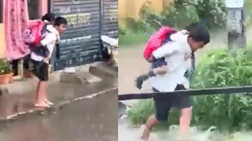 Viral Video: ಮಳೆಯ ನೀರು ತಾಗಬಾರದೆಂದು ತಂಗಿಯನ್ನು ಬೆನ್ನ ಮೇಲೆ ಕೂರಿಸಿ ರಸ್ತೆ ದಾಟಿಸಿದ ಅಣ್ಣ; ವಿಡಿಯೋ ವೈರಲ್