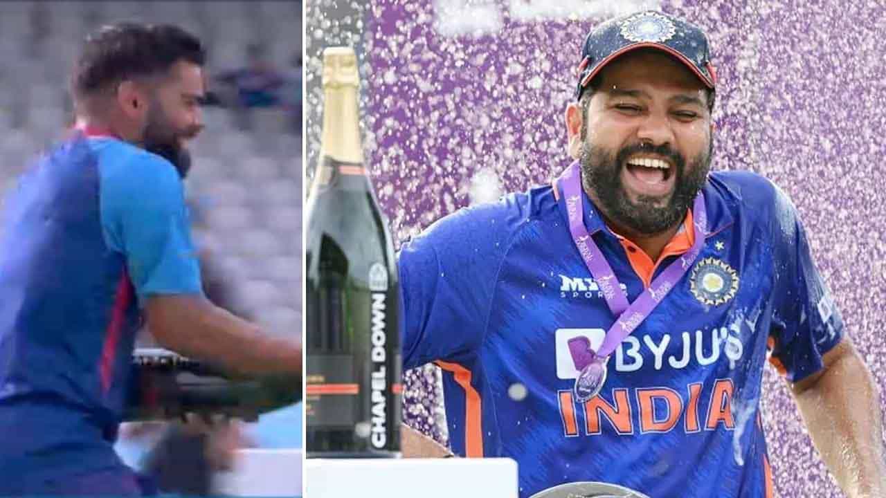 Virat Kohli: ರೋಹಿತ್ ಮೇಲೆ ಶಾಂಪೇನ್ ಚಿಮ್ಮಿಸಿದ ಕೊಹ್ಲಿ: ಹಿಟ್ಮ್ಯಾನ್ ಏನು ಮಾಡಿದ್ರು ಗೊತ್ತೇ? Virat Kohli: ರೋಹಿತ್ ಮೇಲೆ ಶಾಂಪೇನ್ ಚಿಮ್ಮಿಸಿದ ಕೊಹ್ಲಿ: ಹಿಟ್ಮ್ಯಾನ್ ಏನು ಮಾಡಿದ್ರು ಗೊತ್ತೇ?