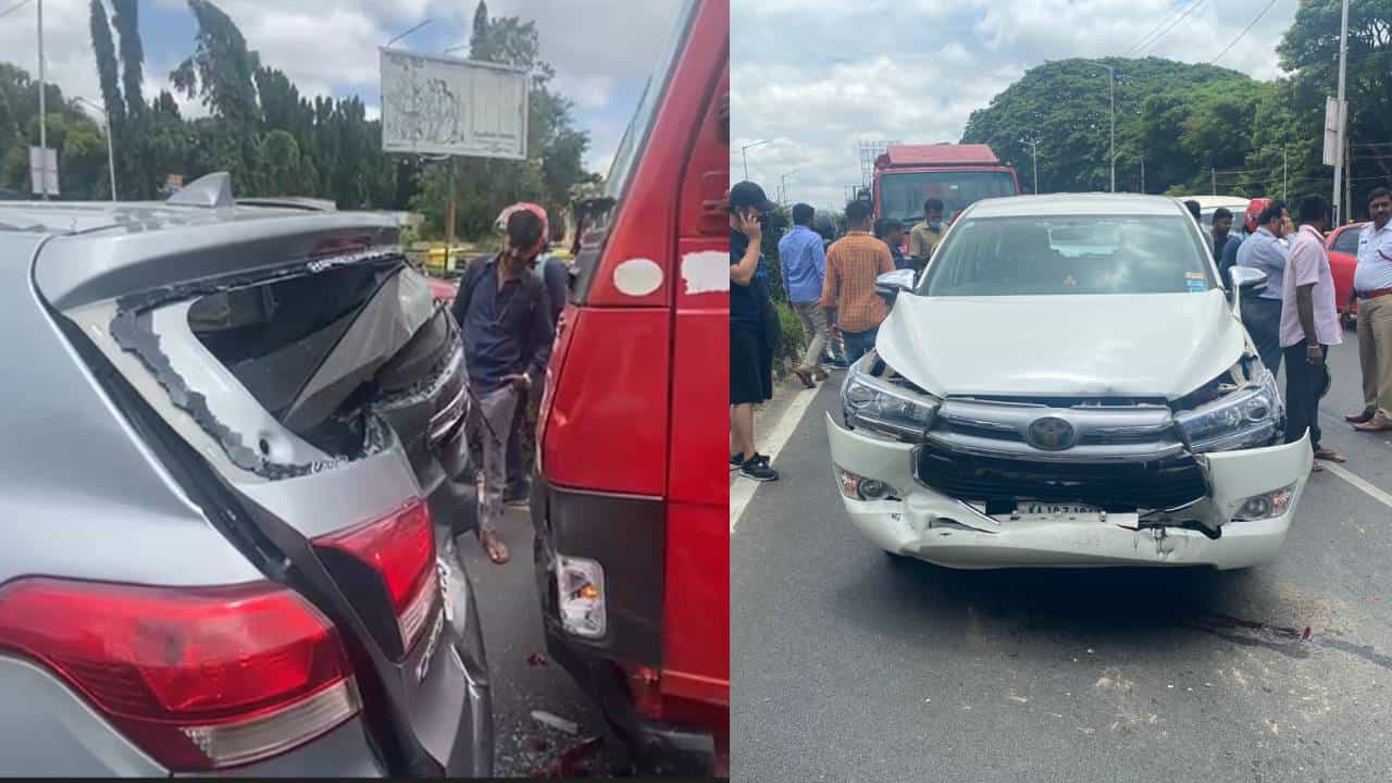 ಬೆಂಗಳೂರಿನಲ್ಲಿ ಸರಣಿ ಅಪಘಾತ: ಎರಡು ಕಾರುಗಳು ಜಖಂ, ಅದೃಷ್ಟವಶಾತ್ ತಪ್ಪಿದ ಭಾರಿ ಅನಾಹುತ ಬೆಂಗಳೂರಿನಲ್ಲಿ ಸರಣಿ ಅಪಘಾತ: ಎರಡು ಕಾರುಗಳು ಜಖಂ, ಅದೃಷ್ಟವಶಾತ್ ತಪ್ಪಿದ ಭಾರಿ ಅನಾಹುತ