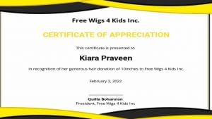 Recognition letter from Free Wigs 4 kids Inc,
