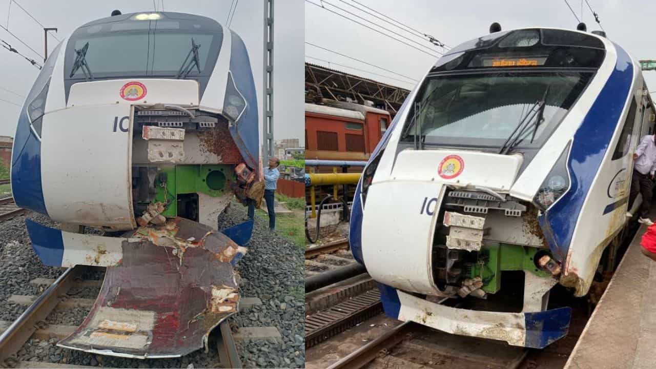 Vande Bharat Express: ವಂದೇ ಭಾರತ್ ಎಕ್ಸ್ಪ್ರೆಸ್ ರೈಲು ಎಮ್ಮೆಗಳ ಹಿಂಡಿಗೆ ಡಿಕ್ಕಿ, ಇಂಜಿನ್ನ ಮುಂಭಾಗಕ್ಕೆ ಹಾನಿ Vande Bharat Express: ವಂದೇ ಭಾರತ್ ಎಕ್ಸ್ಪ್ರೆಸ್ ರೈಲು ಎಮ್ಮೆಗಳ ಹಿಂಡಿಗೆ ಡಿಕ್ಕಿ, ಇಂಜಿನ್ನ ಮುಂಭಾಗಕ್ಕೆ ಹಾನಿ