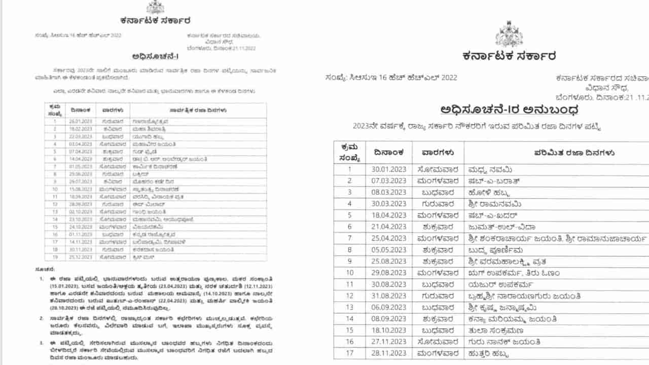 Karnataka Public Holidays 2023: ಕರ್ನಾಟಕ ಸರ್ಕಾರದ 2023ನೇ ಸಾಲಿನ ಸಾರ್ವತ್ರಿಕ ರಜಾ ದಿನಗಳ ಪಟ್ಟಿ ಇಲ್ಲಿದೆ