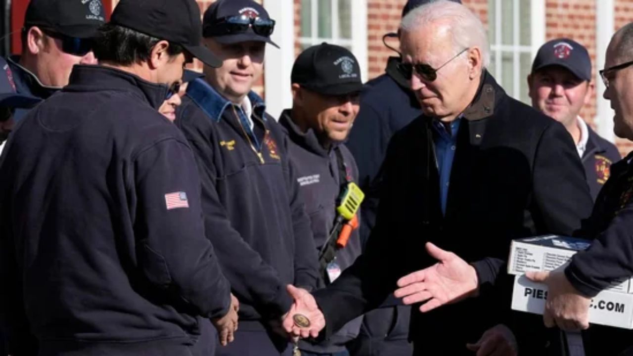 US President Joe Biden visits the Nantucket Fire Department on Thanksgiving Day in Nantucket, Massachusetts