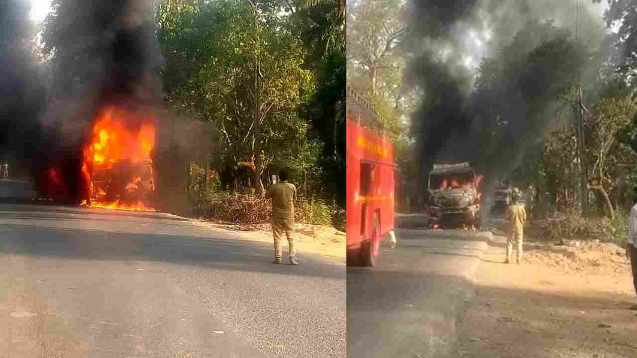 ಕಾರವಾರ: ನೋಡು ನೋಡುತ್ತಿದ್ದಂತೆ ರಸ್ತೆಯಲ್ಲೇ ಹೊತ್ತಿ ಉರಿದ ಲಾರಿ: ಚಾಲಕ, ಕ್ಲೀನರ್ ಪಾರು