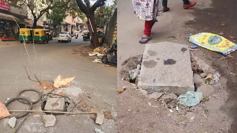 ಬೆಂಗಳೂರಿನಲ್ಲಿ ಕಳಪೆ ಕಾಮಗಾರಿ ಹಾವಳಿ, ಪದೆ ಪದೇ ಮುಖ್ಯ ರಸ್ತೆಗಳೇ ಕುಸಿಯುತ್ತಿವೆ, ಬಸವೇಶ್ವರನಗರದಲ್ಲಿ ಶಾಲೆ ಮುಂದೆಯೇ ಬೃಹತ್ ಗುಂಡಿ!