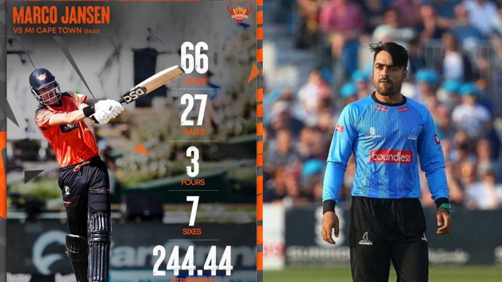 Marco jansen hit 28 runs in rashid khan over vs mumbai indians capetown