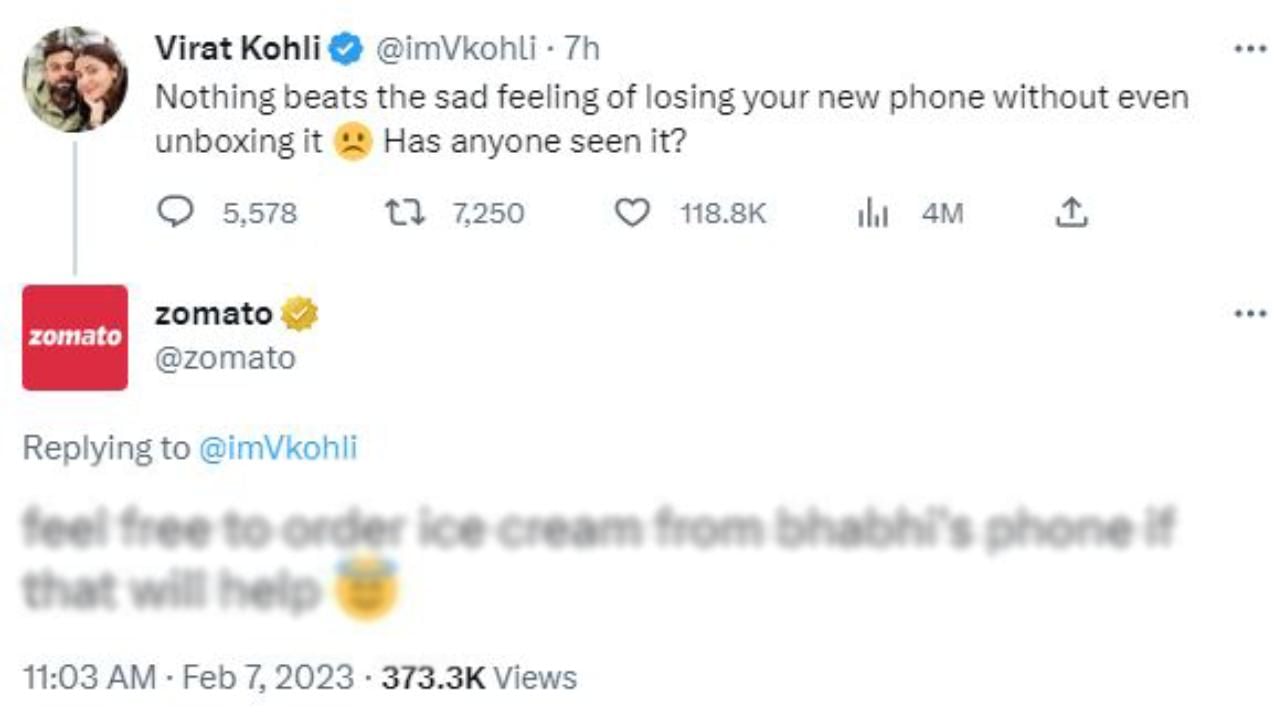 Virat Kohli Viral Tweet: ಕೊಹ್ಲಿ ಹೊಸ ಮೊಬೈಲ್ ಕಳವು: ಜೊಮ್ಯಾಟೊ ಕೊಟ್ಟ ಐಡಿಯಾ ಫುಲ್ ವೈರಲ್!