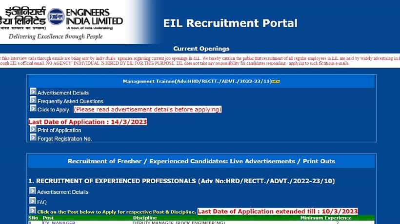 EIL Recruitment 2023: ಮ್ಯಾನೇಜ್ಮೆಂಟ್ ಟ್ರೈನಿ ಹುದ್ದೆಗಳಿಗೆ ಅರ್ಜಿ ಅಹ್ವಾನ; ಇಲ್ಲಿದೆ ಸಂಪೂರ್ಣ ಮಾಹಿತಿ