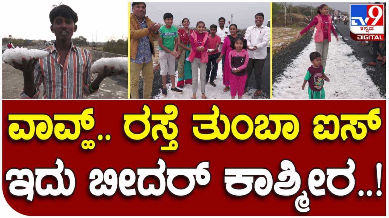 Karnataka Rain: ಬೀದರ್​ನಲ್ಲಿ ಆಲಿಕಲ್ಲು ಮಳೆ, ಹಿಮದಂತೆ ಕಾಣಿಸುತ್ತಿರುವ ರಸ್ತೆಯಲ್ಲಿ ಸಾರ್ವಜನಿಕರ ಆಟ