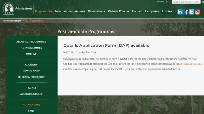 TISS DAF 2023: ಆನ್ಲೈನ್ ಮೌಲ್ಯಮಾಪನ ಸುತ್ತಿಗೆ ಶಾರ್ಟ್ಲಿಸ್ಟ್ ಆದ ಅಭ್ಯರ್ಥಿಗಳಿಗೆ ಅರ್ಜಿ ನಮೂನೆ ಬಿಡುಗಡೆ ಮಾಡಿದ TISS