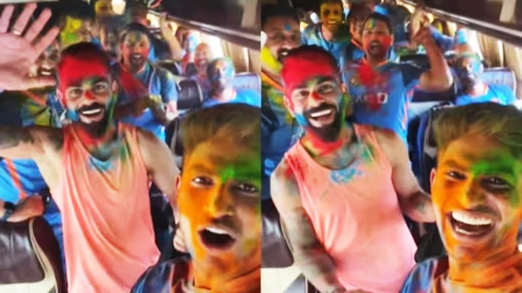 Team India Players Celebrate Holi on Team Bus