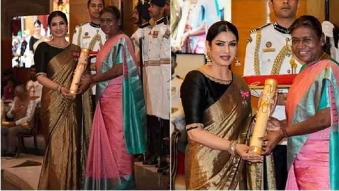ರಾಷ್ಟ್ರಪತಿ ಭವನದಲ್ಲಿ 2023ರ ಪದ್ಮ ಶ್ರೀ ಪಡೆಯುವಾಗ ರವೀನಾ ಟಂಡನ್ ಧರಿಸಿದ ಸೊಗಸಾದ ಚಿನ್ನದ ಸೀರೆ ನೋಡಿ