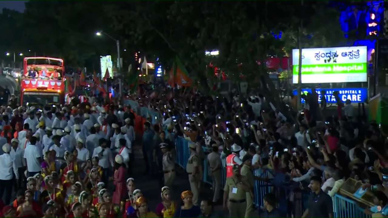 PM Modi Road Show in Mysuru Narendra Modi roadshow from Vidyapeetha Circle to Highway Circle in Mysuru 
