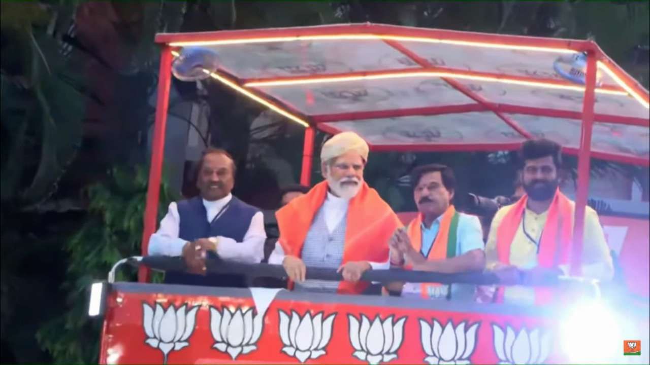 PM Modi Road Show in Mysuru Narendra Modi roadshow from Vidyapeetha Circle to Highway Circle in Mysuru 
