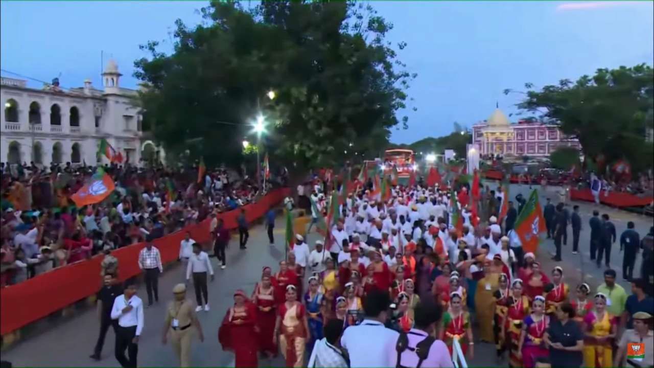 PM Modi Road Show in Mysuru Narendra Modi roadshow from Vidyapeetha Circle to Highway Circle in Mysuru 
