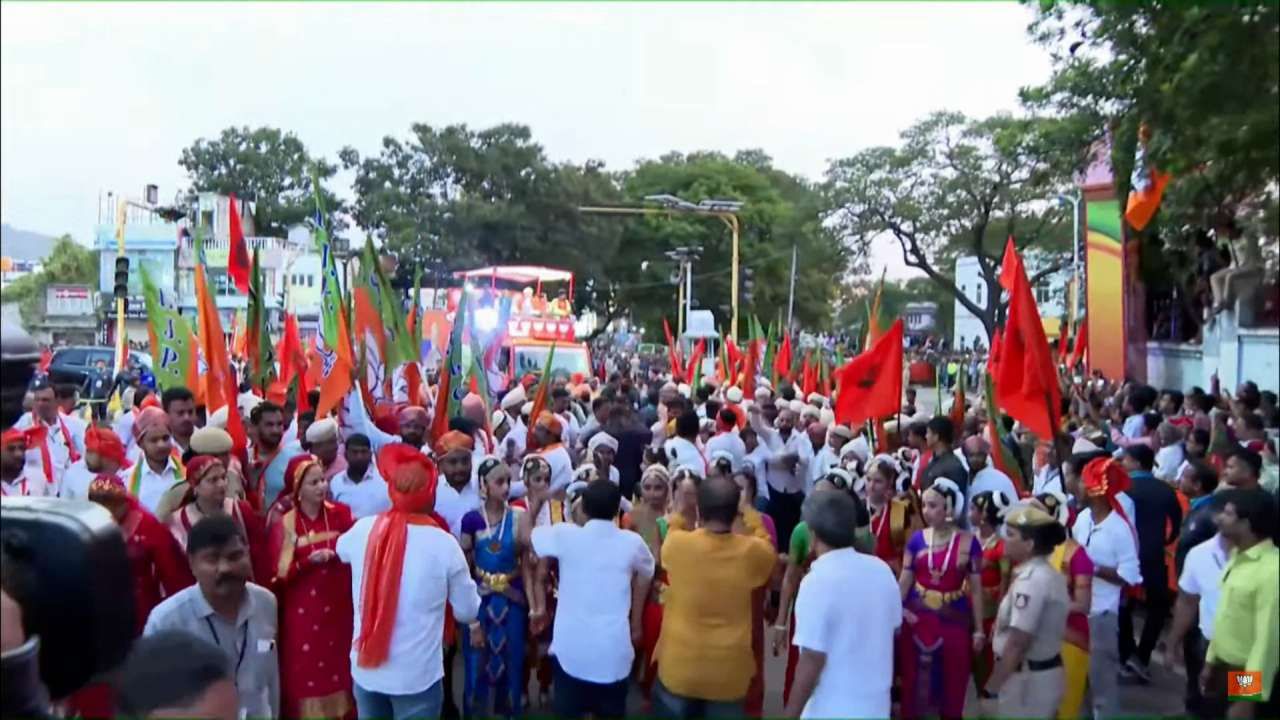 PM Modi Road Show in Mysuru Narendra Modi roadshow from Vidyapeetha Circle to Highway Circle in Mysuru 
