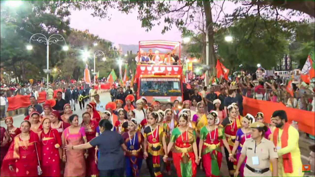 PM Modi Road Show in Mysuru Narendra Modi roadshow from Vidyapeetha Circle to Highway Circle in Mysuru 
