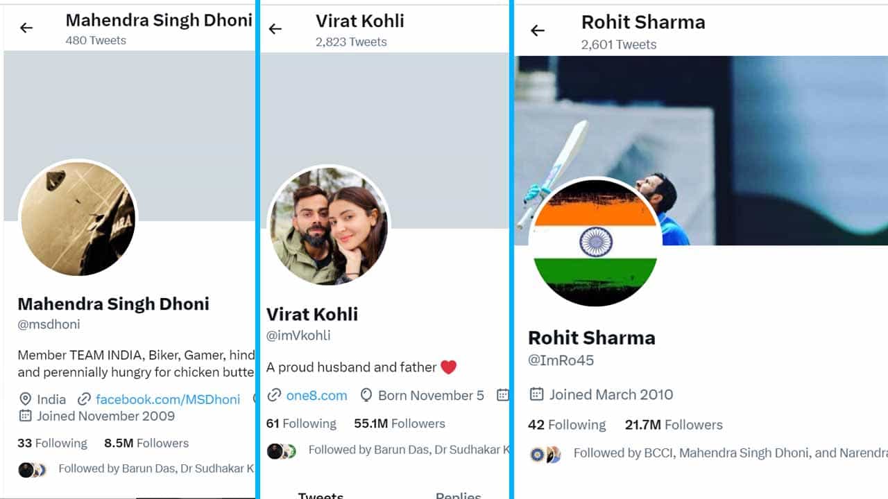 Twitter Blue Tick: ವಿರಾಟ್ ಕೊಹ್ಲಿ, ರೋಹಿತ್ ಶರ್ಮಾ ಸೇರಿದಂತೆ ಹಲವು ಕ್ರಿಕೆಟಿಗರ ಟ್ವಿಟ್ಟರ್ ಖಾತೆಯಿಂದ ಬ್ಲೂ ಟಿಕ್ ಮಾಯ Twitter Blue Tick: ವಿರಾಟ್ ಕೊಹ್ಲಿ, ರೋಹಿತ್ ಶರ್ಮಾ ಸೇರಿದಂತೆ ಹಲವು ಕ್ರಿಕೆಟಿಗರ ಟ್ವಿಟ್ಟರ್ ಖಾತೆಯಿಂದ ಬ್ಲೂ ಟಿಕ್ ಮಾಯ