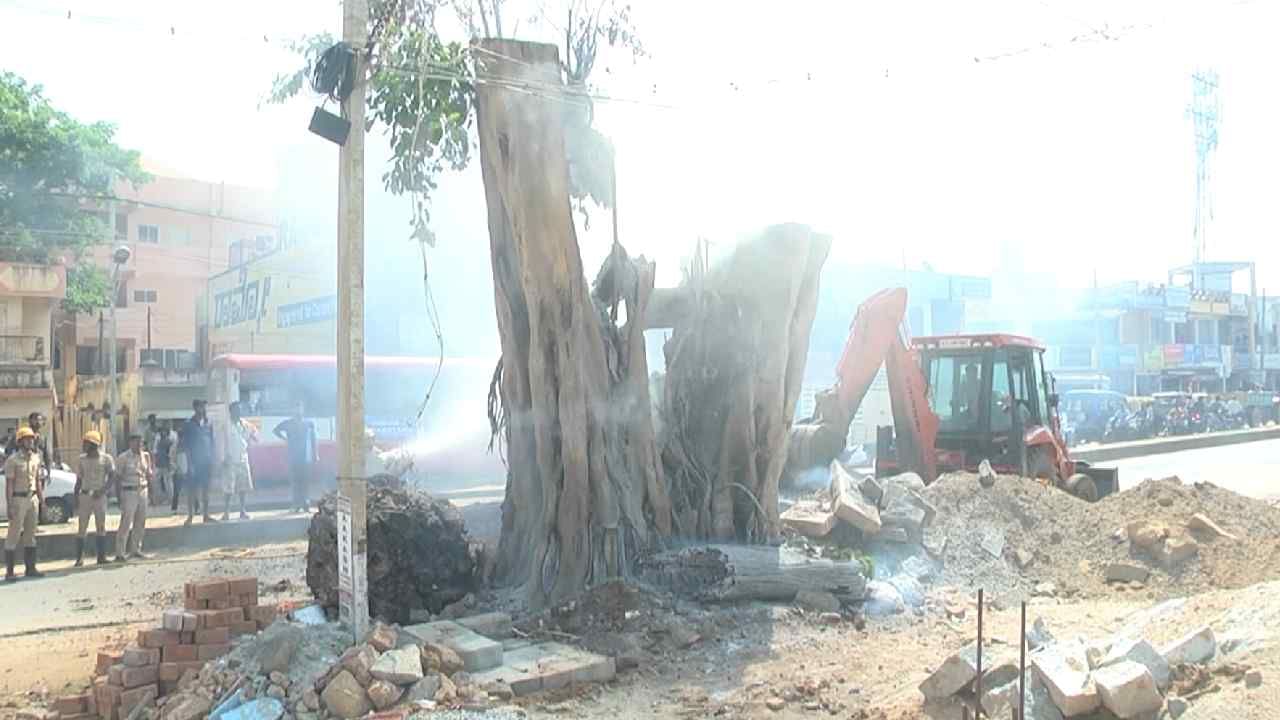 Miscreants set fire to tree trunk in Chikkaballapura tree that has been burning for three days
