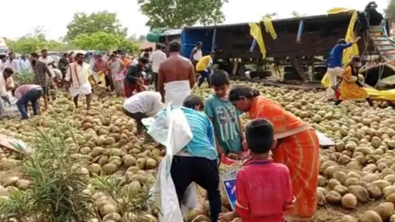 ತೆಂಗಿನಕಾಯಿ ಲೋಡ್ ಹೊತ್ತ ಲಾರಿ ಪಲ್ಟಿಯಾಯ್ತು, ಎಳನೀರು ಚೆಲ್ಲಾಪಿಲ್ಲಿ ಆಯ್ತು, ಮುಂದೇನಾಯ್ತು? ವಿಡಿಯೋ ನೋಡಿ! ತೆಂಗಿನಕಾಯಿ ಲೋಡ್ ಹೊತ್ತ ಲಾರಿ ಪಲ್ಟಿಯಾಯ್ತು, ಎಳನೀರು ಚೆಲ್ಲಾಪಿಲ್ಲಿ ಆಯ್ತು, ಮುಂದೇನಾಯ್ತು? ವಿಡಿಯೋ ನೋಡಿ!