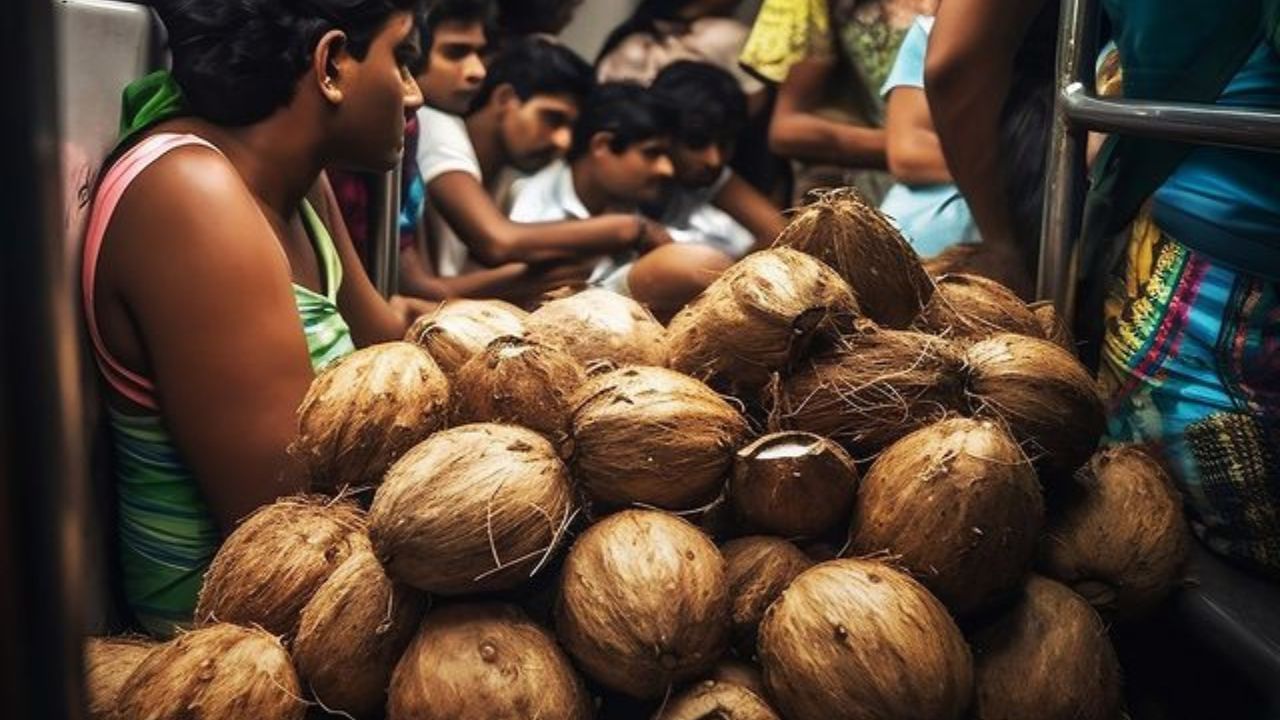 ಇನ್ನೊಂದು ಫೋಟೋದಲ್ಲಿ ಮೆಟ್ರೋದಲ್ಲಿ ತೆಂಗಿನ ಕಾಯಿ ರಾಶಿಗಳು, ಅದರ ಮಧ್ಯೆ ಜನರು ಕುಳಿತಿರುವುದನ್ನು ಈ ಫೋಟೋದಲ್ಲಿ ನೋಡಬಹುದು. ಒಂದು ಅಧ್ಭುತ ಚಿತ್ರವೆನ್ನುವುದರಲ್ಲಿ ಸುಳ್ಳಿಲ್ಲ 