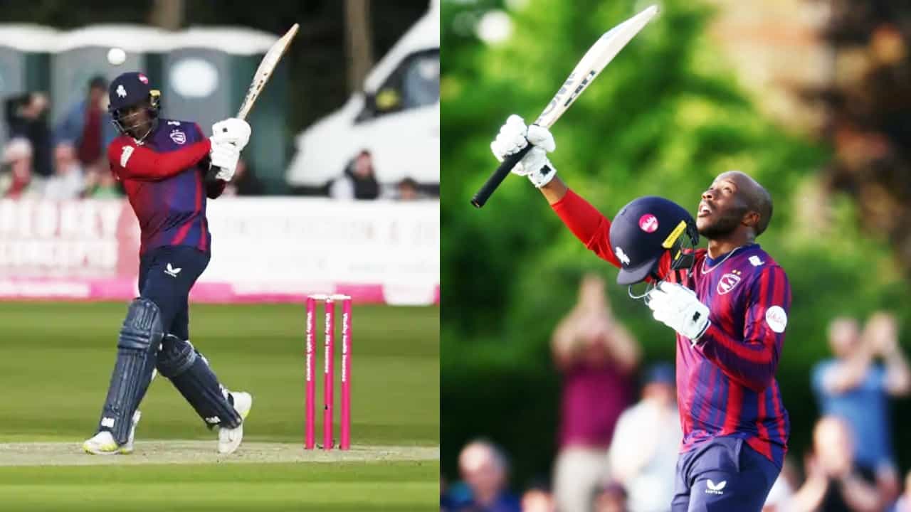 T20 Blast 2023: ಇಂಗ್ಲೆಂಡ್ನ ಕ್ಯಾಂಟರ್ಬರಿಯಲ್ಲಿ ನಡೆದ ಟಿ20 ಬ್ಲಾಸ್ಟ್ ಟೂರ್ನಿಯಲ್ಲಿ ಕೆಂಟ್ ತಂಡದ ಆರಂಭಿಕ ಆಟಗಾರ ಡಿ ಬೆಲ್-ಡ್ರಮಂಡ್ ಭರ್ಜರಿ ಶತಕ ಬಾರಿಸಿದ್ದಾರೆ. ಈ ಪಂದ್ಯದಲ್ಲಿ ಟಾಸ್ ಗೆದ್ದ ಮಿಡ್ಲ್ಸೆಕ್ಸ್ ತಂಡವು ಬೌಲಿಂಗ್ ಆಯ್ದುಕೊಂಡಿತು.