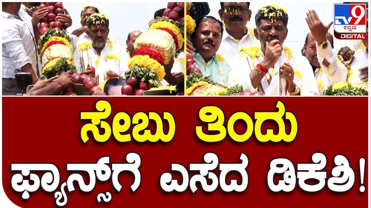 DK Shivakumar: ಕನಕಪುರದಲ್ಲಿ ಹಾರದಿಂದ ಸೇಬುಹಣ್ಣನ್ನು ಕಿತ್ತಿ ಜನರತ್ತ ಎಸೆಯುವ ಮೊದಲು ಡಿಕೆ ಶಿವಕುಮಾರ್ ಎರಡು ಬಾರಿ ಕಚ್ಚಿದರು!