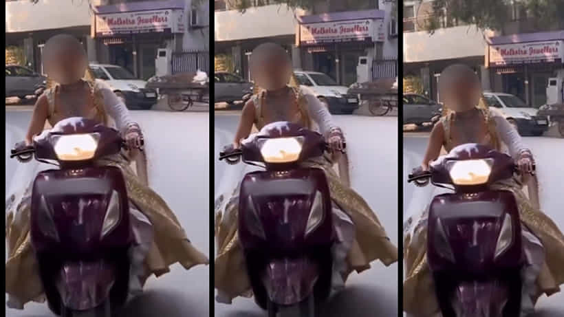 ಹೆಲ್ಮೆಟ್ ಧರಿಸದೇ ಸ್ಕೂಟರ್ ಓಡಿಸಿದ ವಧು; ಪೋಲಿಸರಿಂದ ಸಿಕ್ತು ಬಂಪರ್ ಬಹುಮಾನ