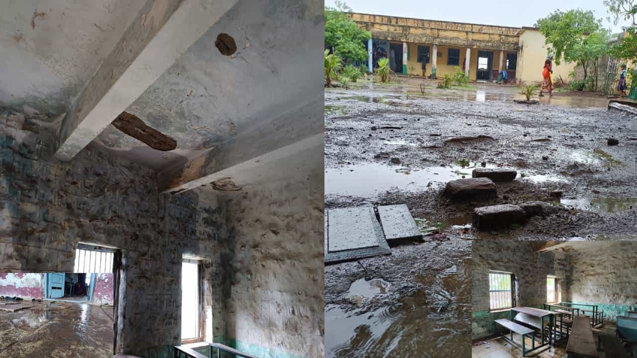 ಸೋರುತ್ತಿರುವ ಸರ್ಕಾರಿ ಶಾಲೆ ಕೊಠಡಿಗಳು; ಪ್ರಾಣ ಭಯದಲ್ಲಿಯೇ ಪಾಠ ಕೇಳುತ್ತಿರುವ ವಿದ್ಯಾರ್ಥಿಗಳು ಸೋರುತ್ತಿರುವ ಸರ್ಕಾರಿ ಶಾಲೆ ಕೊಠಡಿಗಳು; ಪ್ರಾಣ ಭಯದಲ್ಲಿಯೇ ಪಾಠ ಕೇಳುತ್ತಿರುವ ವಿದ್ಯಾರ್ಥಿಗಳು