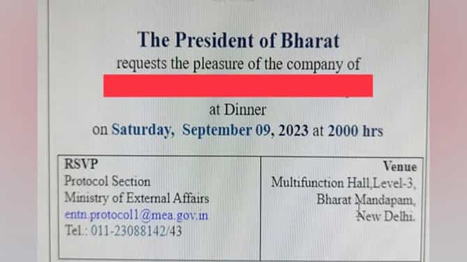 G20 ಶೃಂಗಸಭೆ ಭೋಜನಕೂಟದ ಆಹ್ವಾನಪತ್ರಿಕೆಯಲ್ಲಿ ಇಂಡಿಯಾ ಬದಲು ಭಾರತ್ ಪದ ಬಳಕೆ